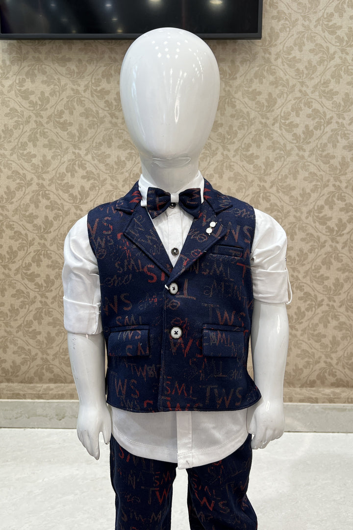 White with Navy Blue Waist Coat and Set for Boys