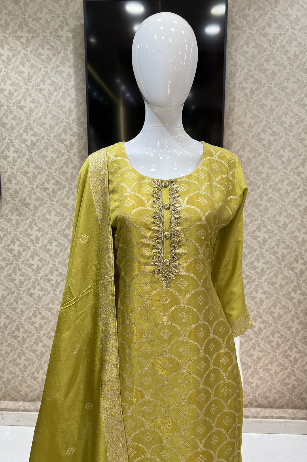 Olive Green Zardozi, Mirror, Beads and Banaras work Straight Cut Salwar Suit