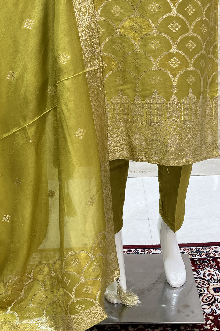 Olive Green Zardozi, Mirror, Beads and Banaras work Straight Cut Salwar Suit