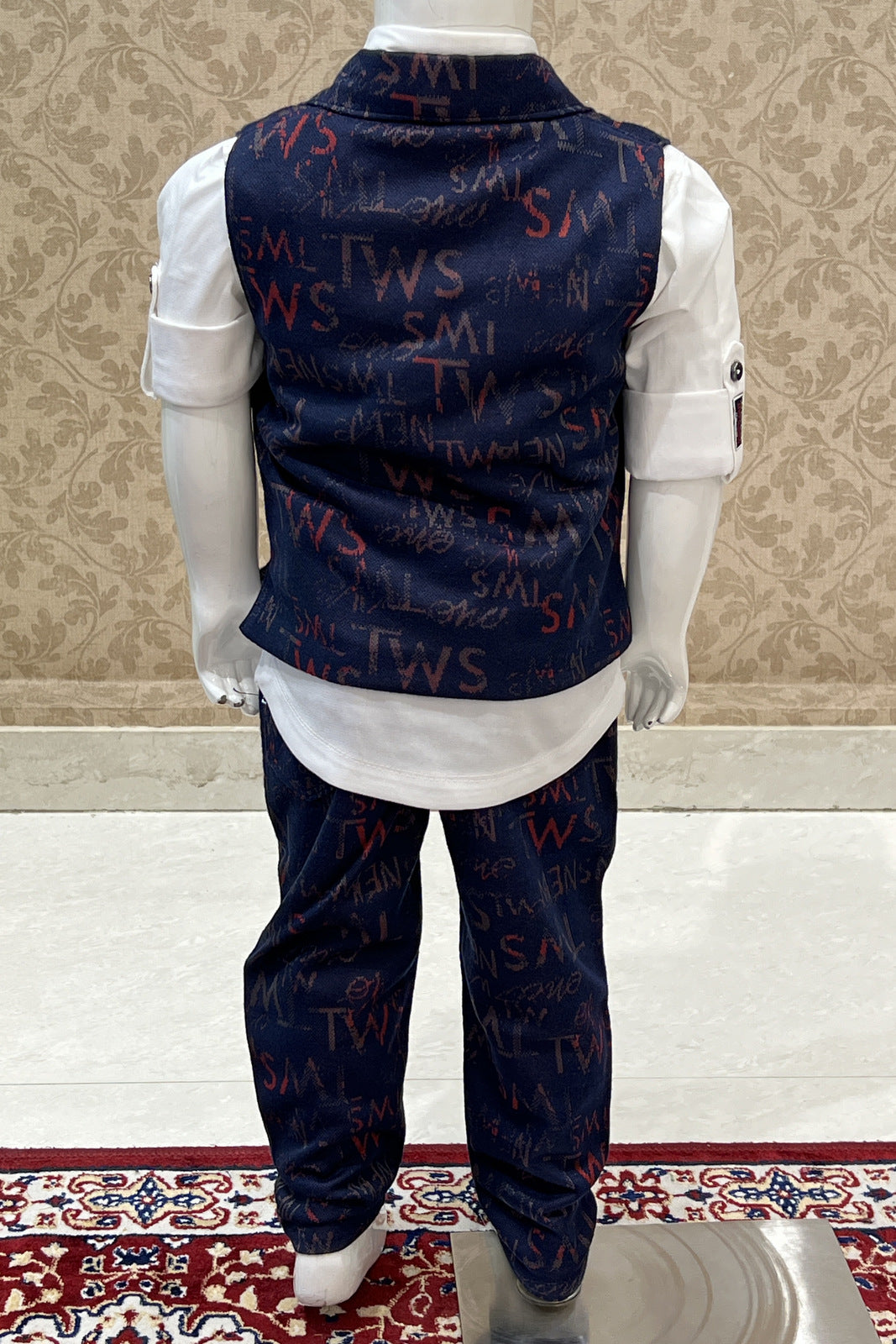 White with Navy Blue Waist Coat and Set for Boys