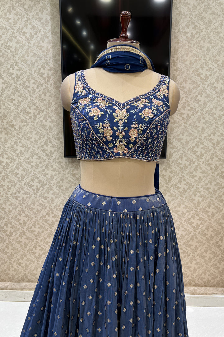 Navy Blue Mirror, Beads, Thread and Stone work Crop Top Lehenga