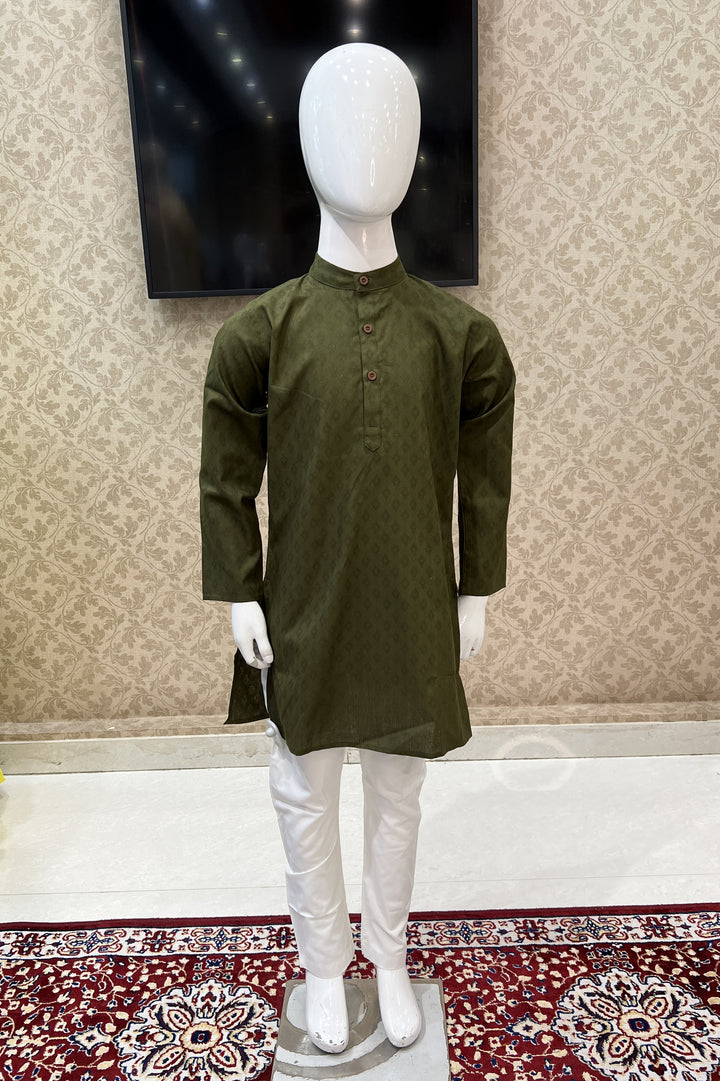 Mehendi Green with White Kurta Set for Boys