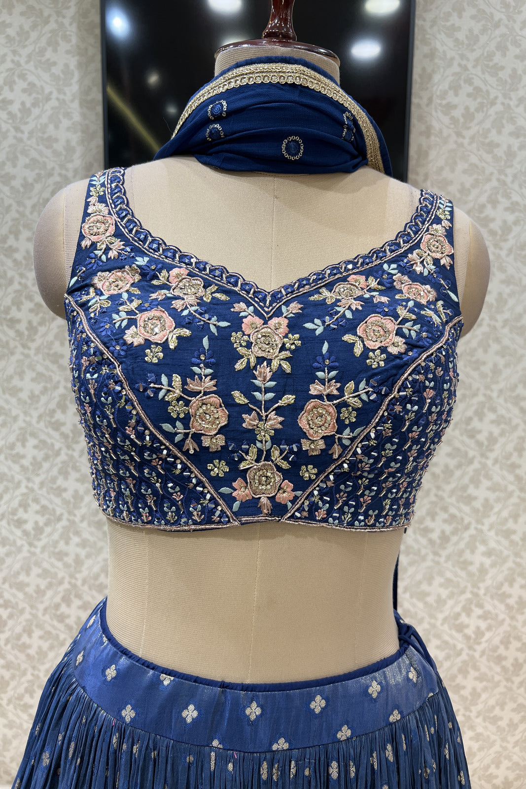 Navy Blue Mirror, Beads, Thread and Stone work Crop Top Lehenga