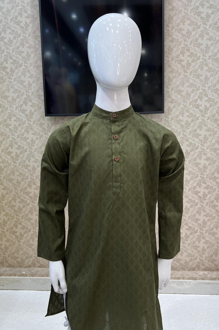 Mehendi Green with White Kurta Set for Boys