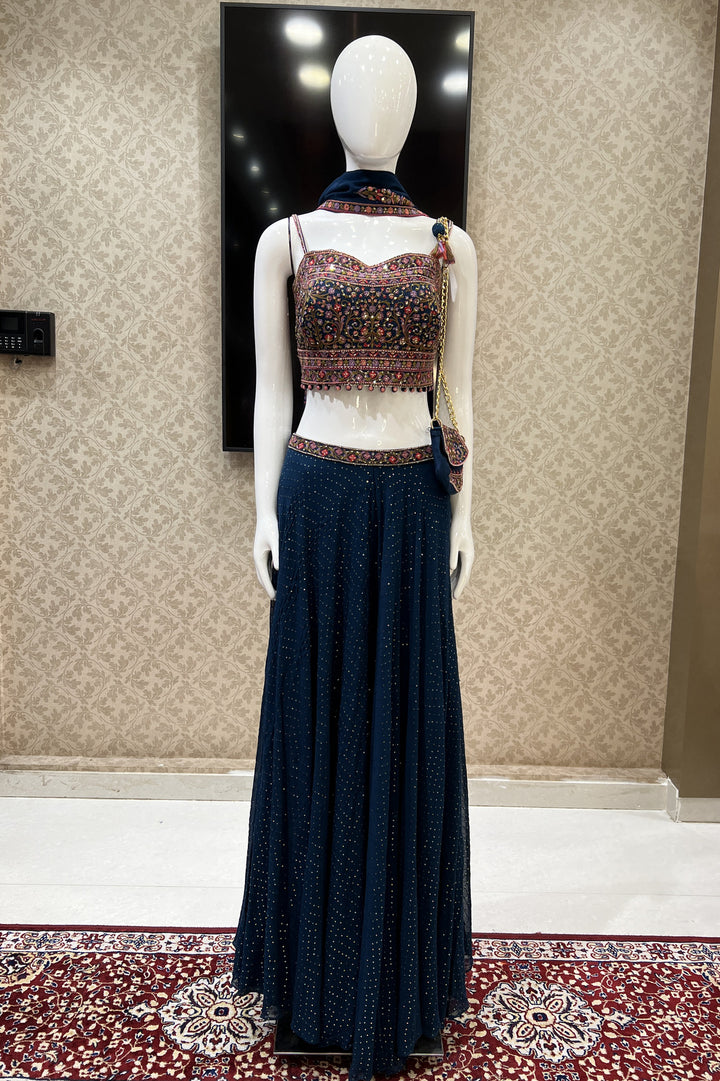 Teal Blue Multicolor Embroidery, Sequins and Beads work Crop Top with Palazzo Pant