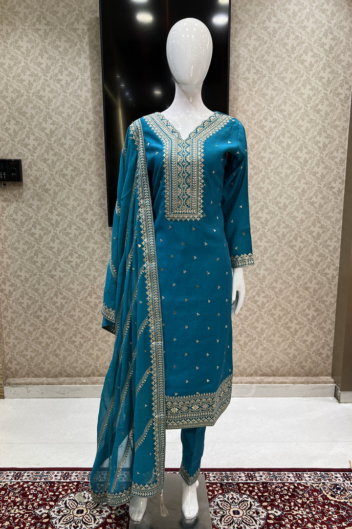 Rama Blue Zari and Sequins work Straight Cut Salwar Suit