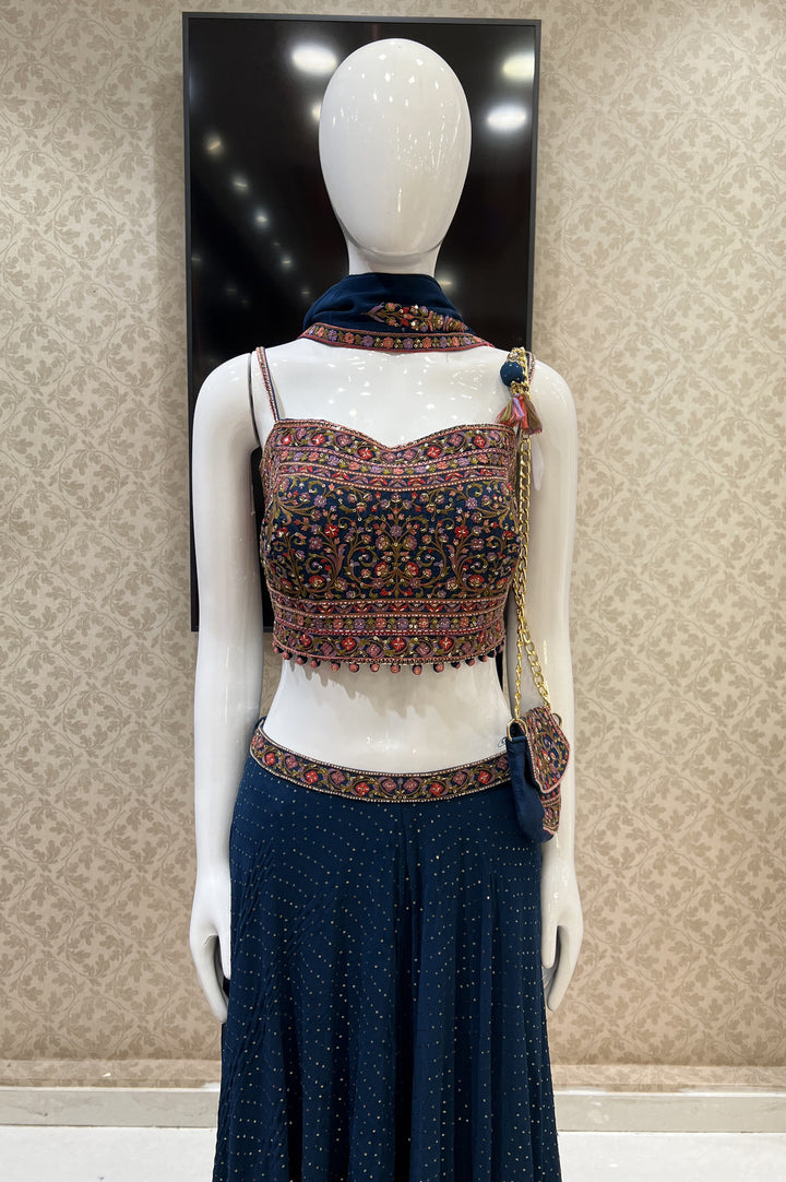 Teal Blue Multicolor Embroidery, Sequins and Beads work Crop Top with Palazzo Pant