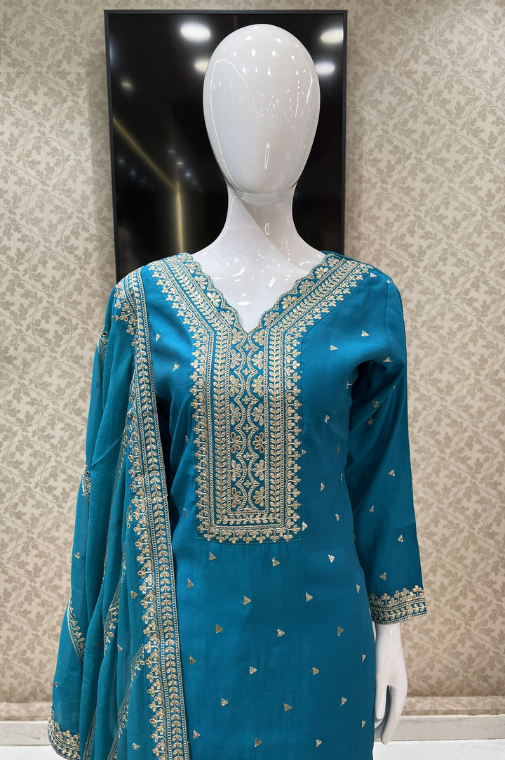 Rama Blue Zari and Sequins work Straight Cut Salwar Suit