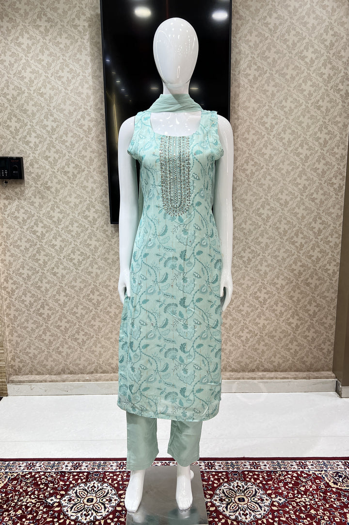 Sea Green Digital Print, Zari Weaving, Mirror and Stone work Straight Cut Salwar Suit