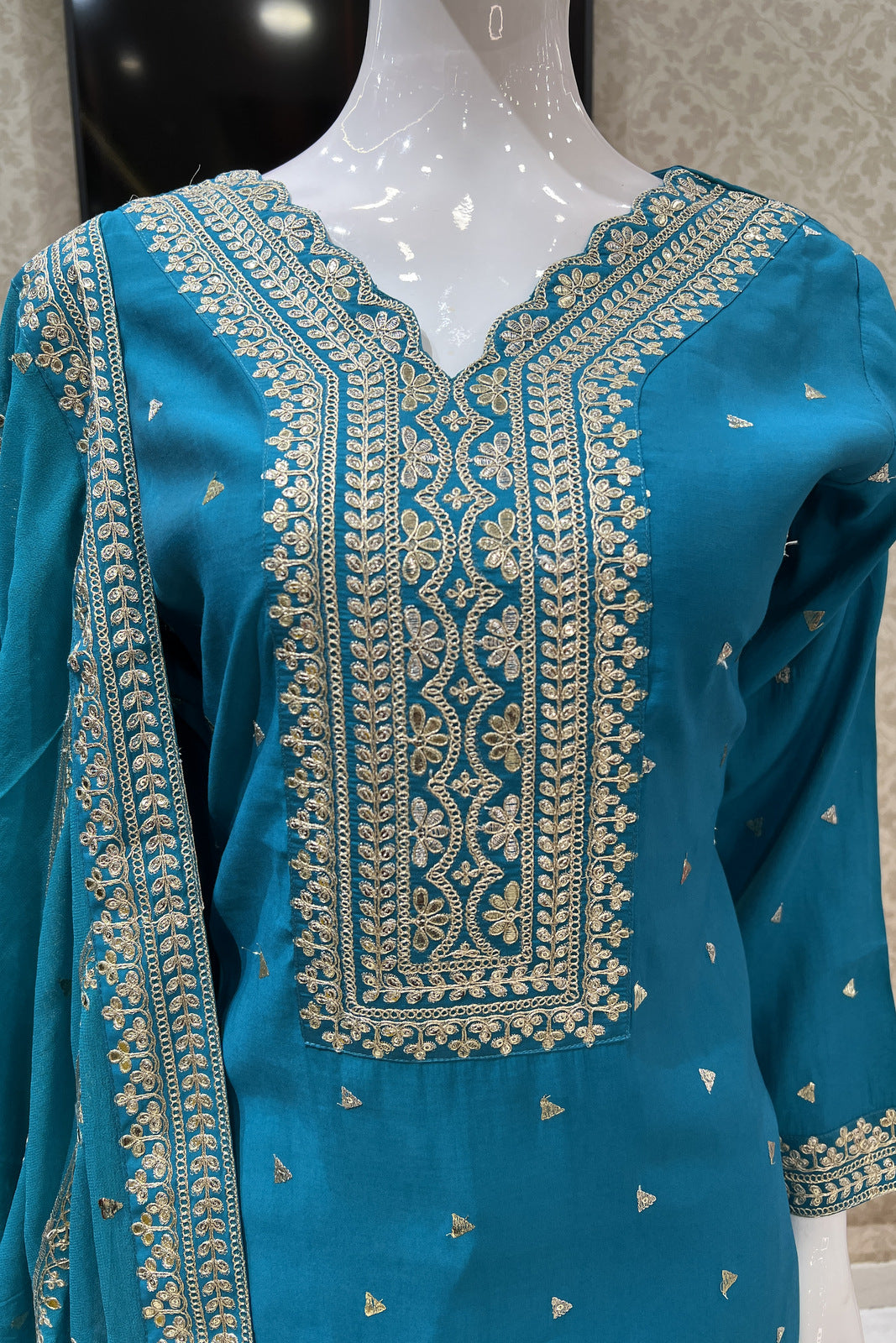 Rama Blue Zari and Sequins work Straight Cut Salwar Suit