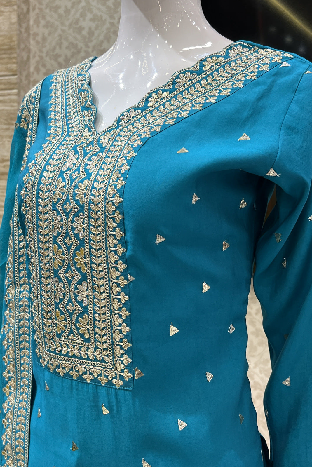 Rama Blue Zari and Sequins work Straight Cut Salwar Suit