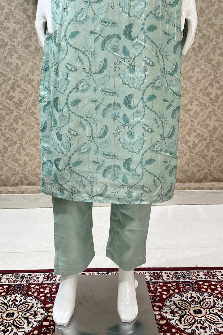 Sea Green Digital Print, Zari Weaving, Mirror and Stone work Straight Cut Salwar Suit