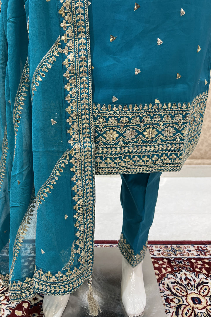 Rama Blue Zari and Sequins work Straight Cut Salwar Suit