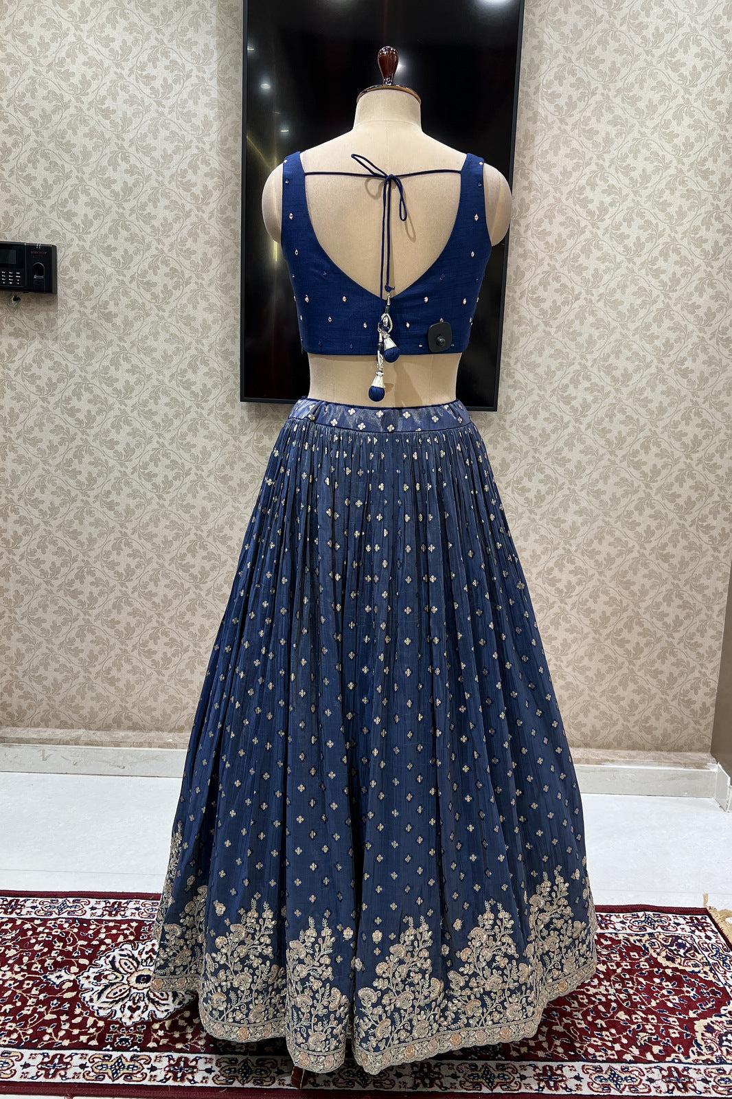 Navy Blue Mirror, Beads, Thread and Stone work Crop Top Lehenga