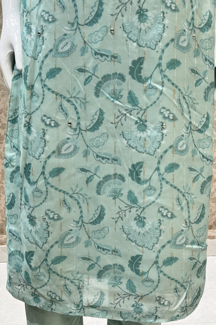 Sea Green Digital Print, Zari Weaving, Mirror and Stone work Straight Cut Salwar Suit