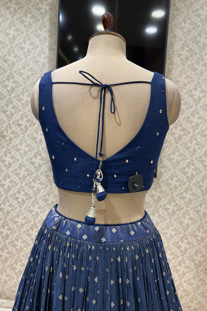 Navy Blue Mirror, Beads, Thread and Stone work Crop Top Lehenga