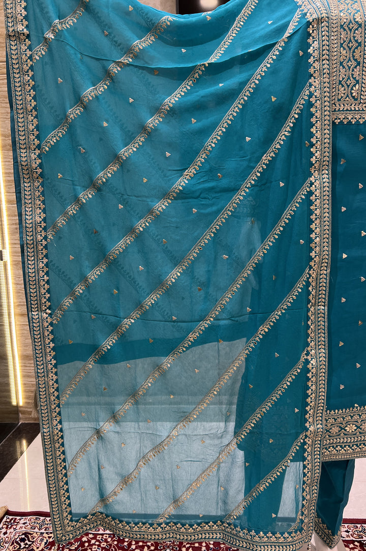 Rama Blue Zari and Sequins work Straight Cut Salwar Suit