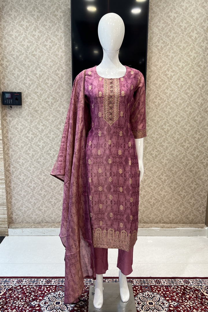 Rose Pink Beads, Sequins, Banaras and Thread work Straight Cut Salwar Suit