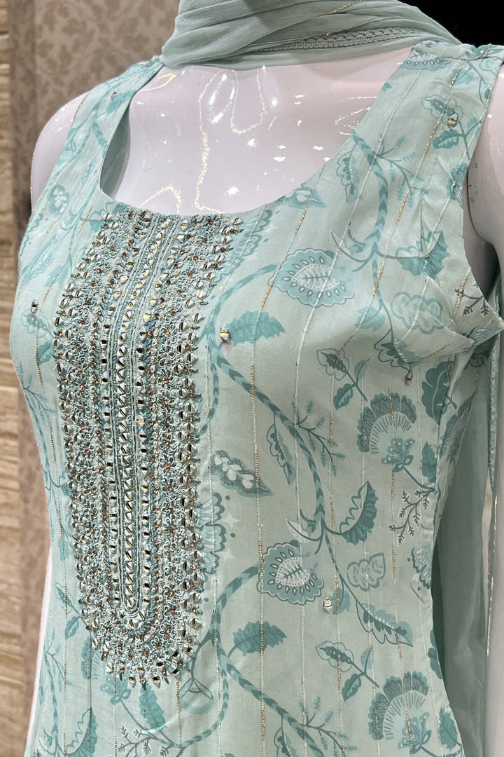 Sea Green Digital Print, Zari Weaving, Mirror and Stone work Straight Cut Salwar Suit