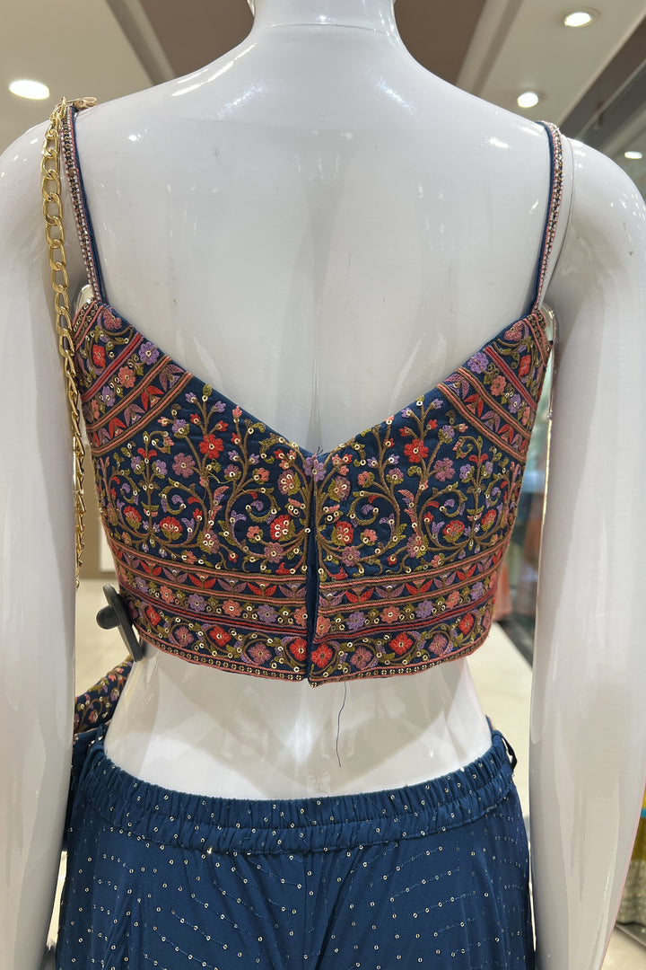 Teal Blue Multicolor Embroidery, Sequins and Beads work Crop Top with Palazzo Pant