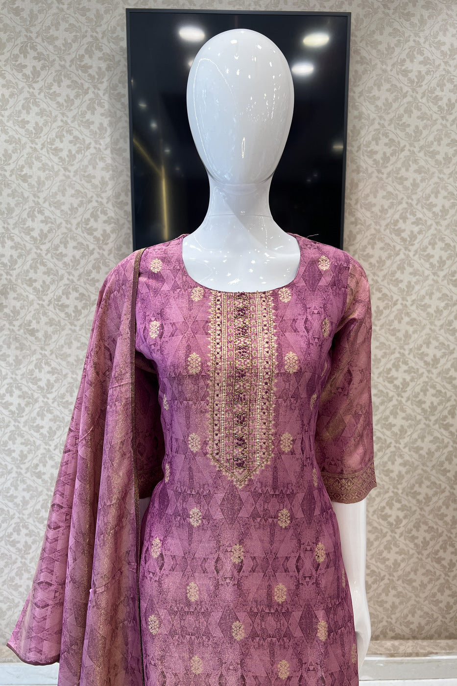 Rose Pink Beads, Sequins, Banaras and Thread work Straight Cut Salwar Suit