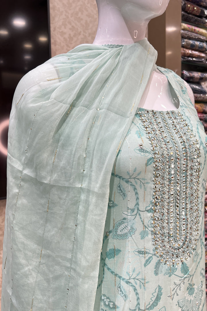 Sea Green Digital Print, Zari Weaving, Mirror and Stone work Straight Cut Salwar Suit