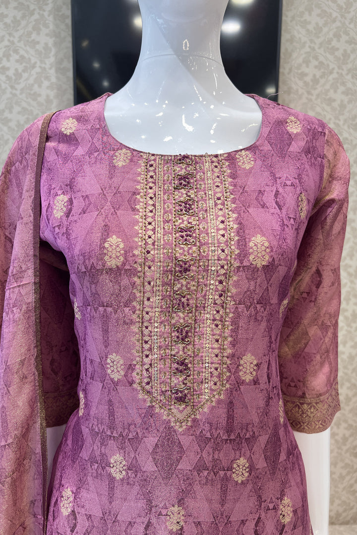 Rose Pink Beads, Sequins, Banaras and Thread work Straight Cut Salwar Suit