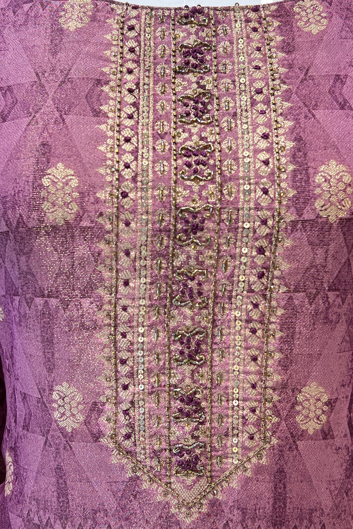 Rose Pink Beads, Sequins, Banaras and Thread work Straight Cut Salwar Suit