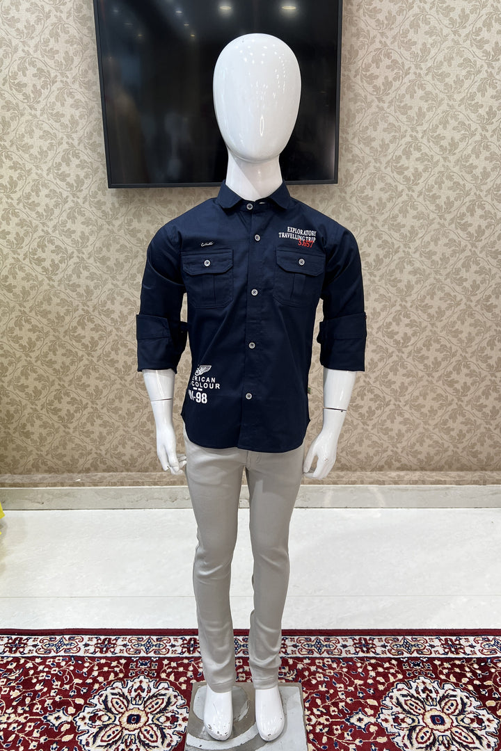 Navy Blue with Grey Casual wear Printed Shirt and Pant Set for Boys