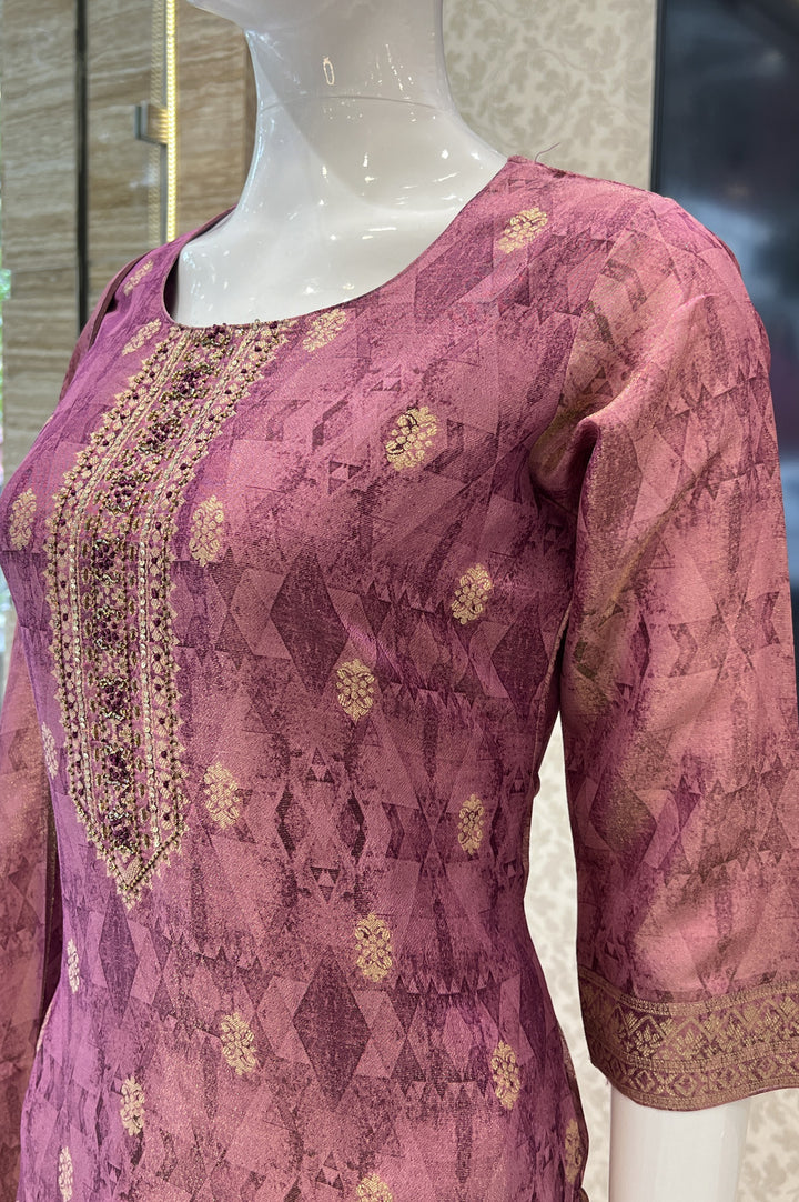 Rose Pink Beads, Sequins, Banaras and Thread work Straight Cut Salwar Suit