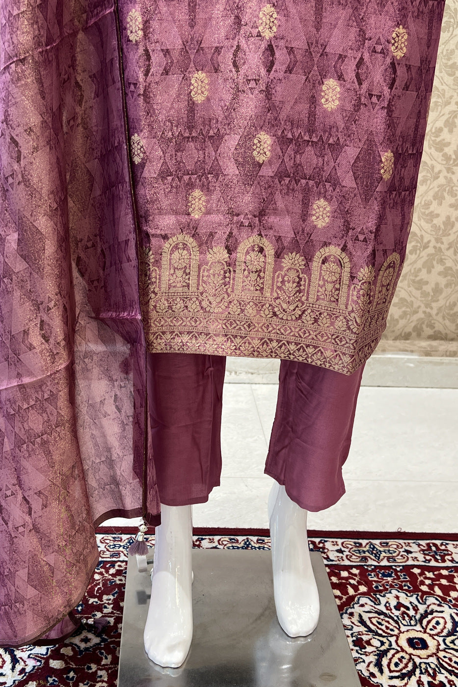 Rose Pink Beads, Sequins, Banaras and Thread work Straight Cut Salwar Suit