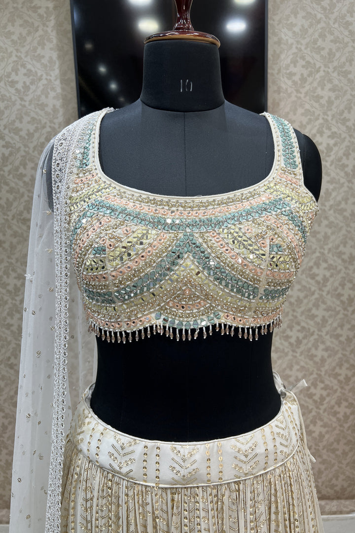 Half White Mirror, Stone, Beads and Sequins work Crop Top Lehenga