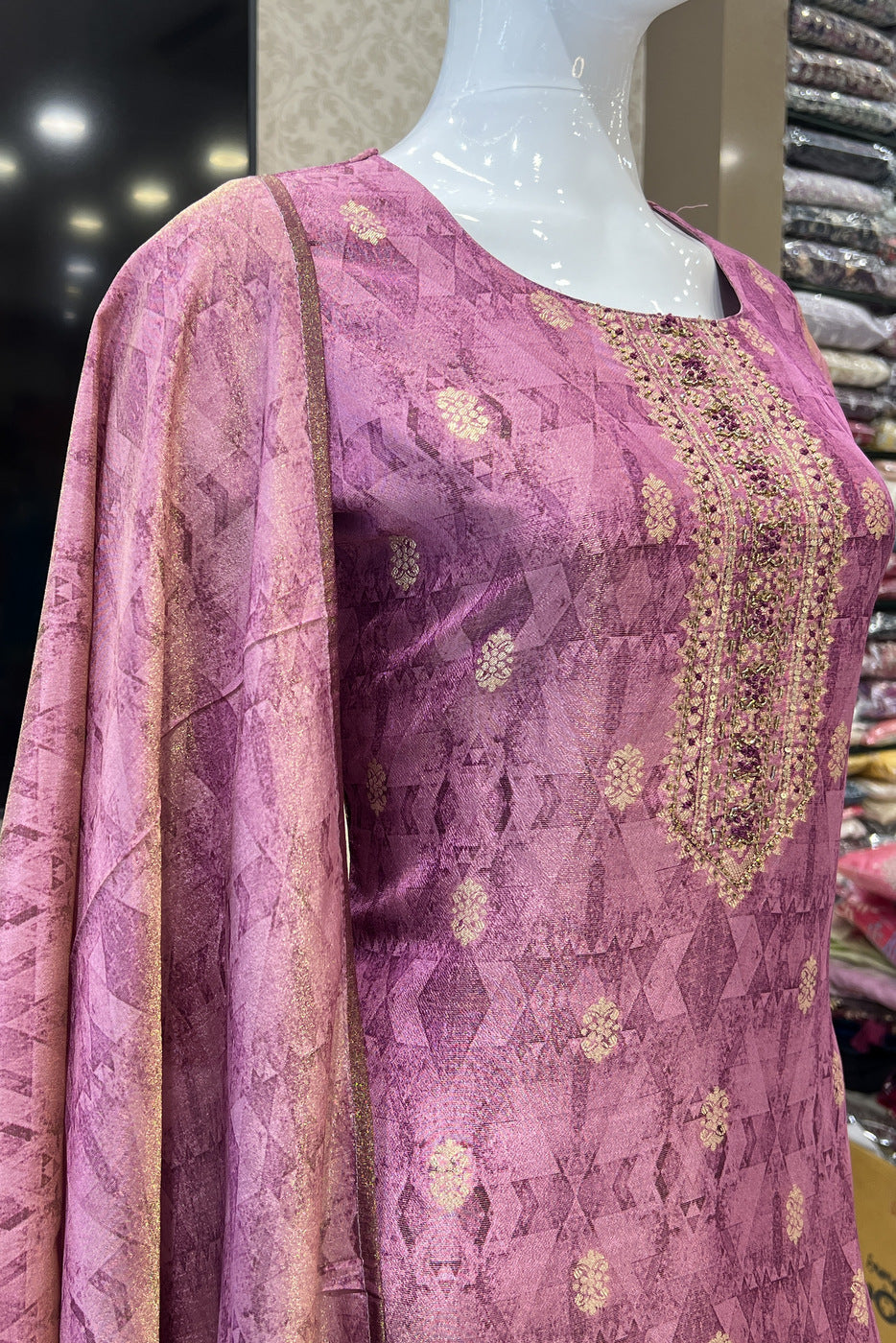 Rose Pink Beads, Sequins, Banaras and Thread work Straight Cut Salwar Suit