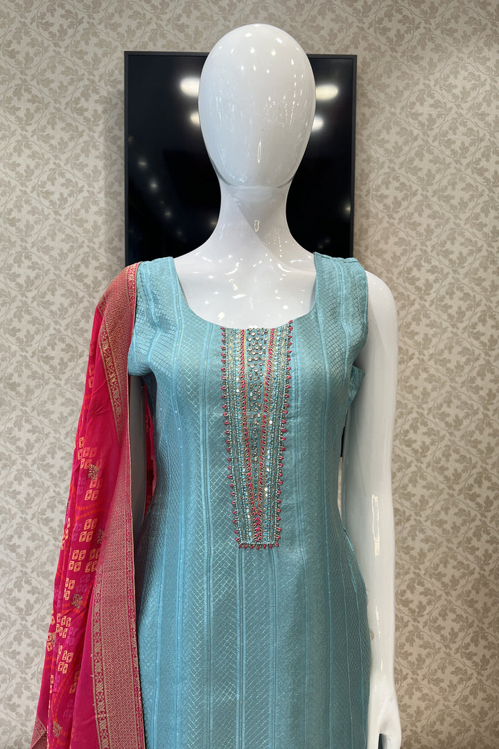 Sea Blue Stone, Banaras, Thread and Zardozi work Straight Cut Salwar Suit