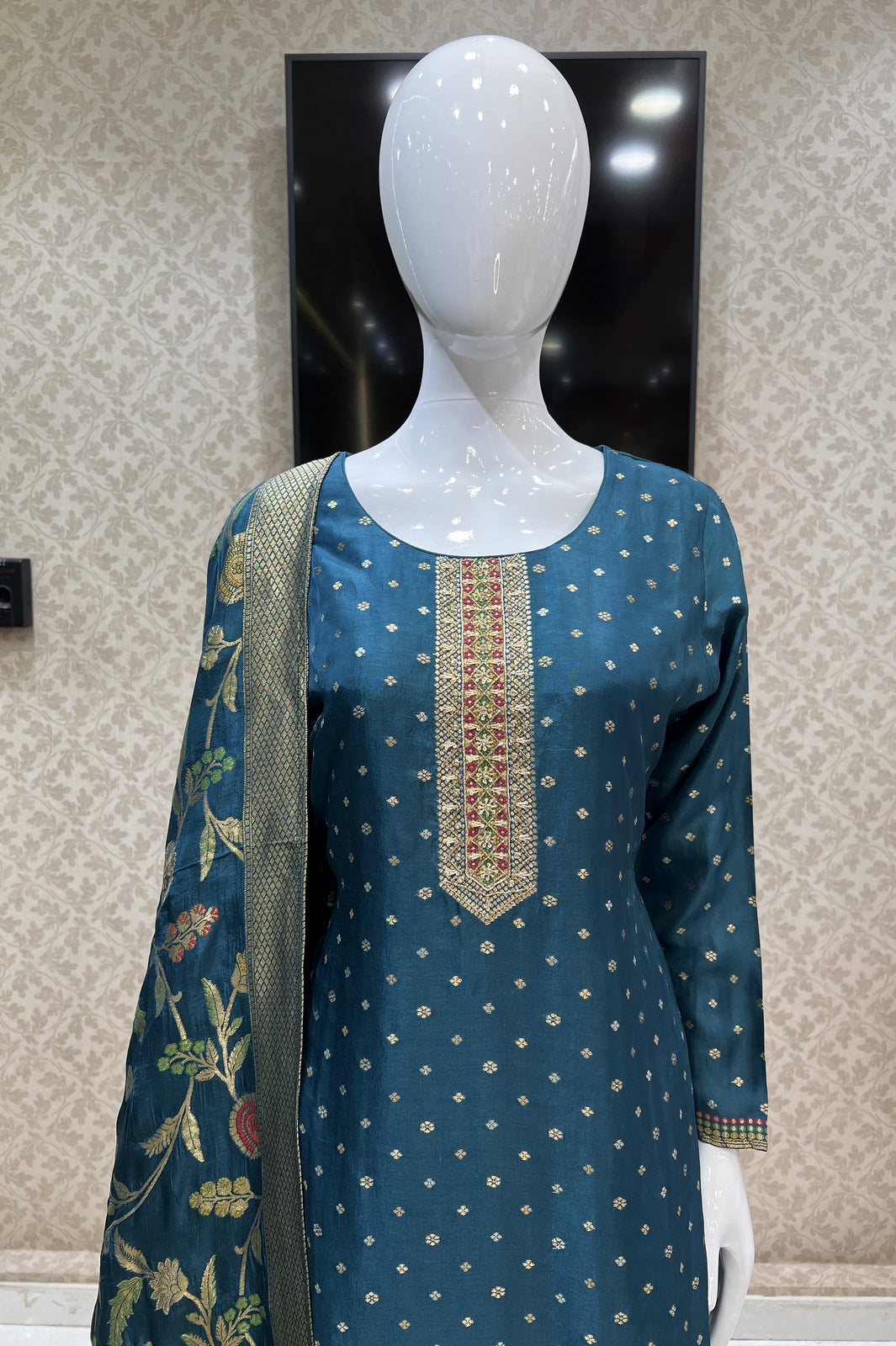 Peacock Blue Banaras, Beads, Zardozi and Sequins work Straight Cut Salwar Suit