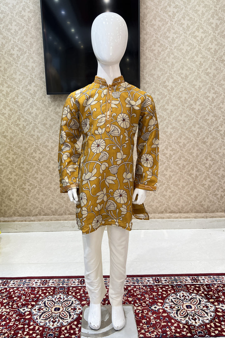 Mustard with Cream Digital Print Kurta Set for Boys