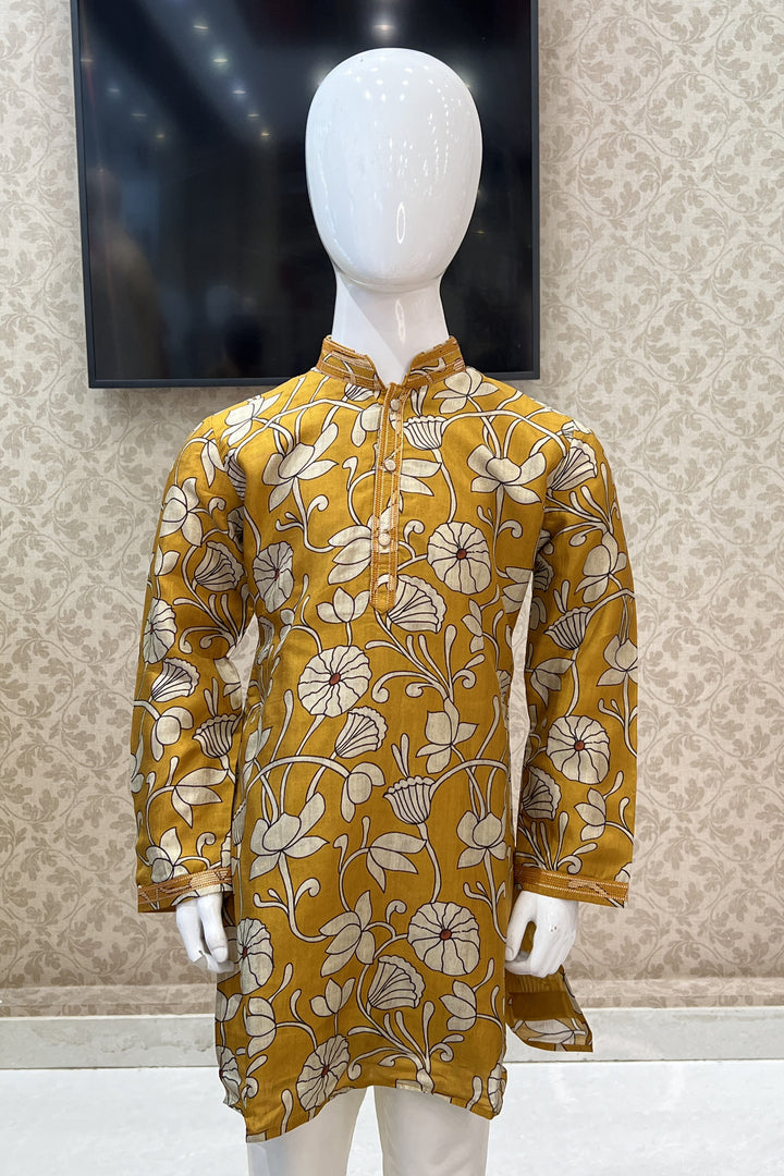 Mustard with Cream Digital Print Kurta Set for Boys