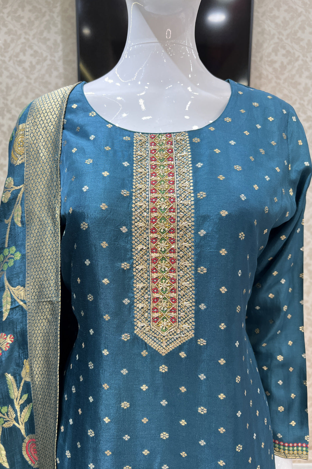 Peacock Blue Banaras, Beads, Zardozi and Sequins work Straight Cut Salwar Suit