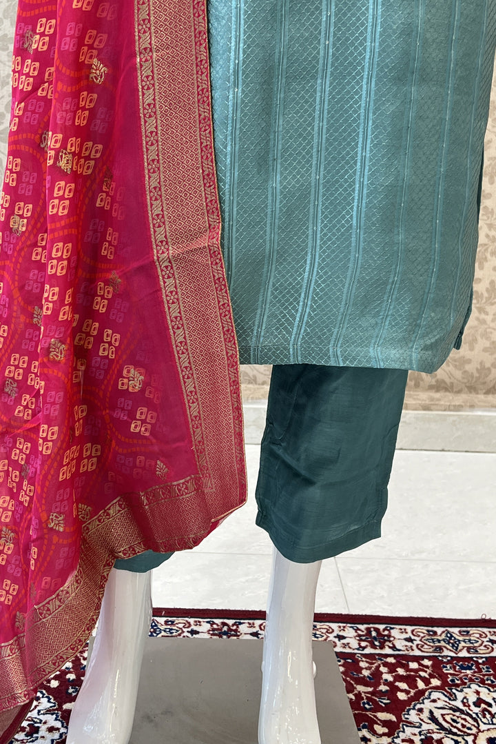 Sea Blue Stone, Banaras, Thread and Zardozi work Straight Cut Salwar Suit