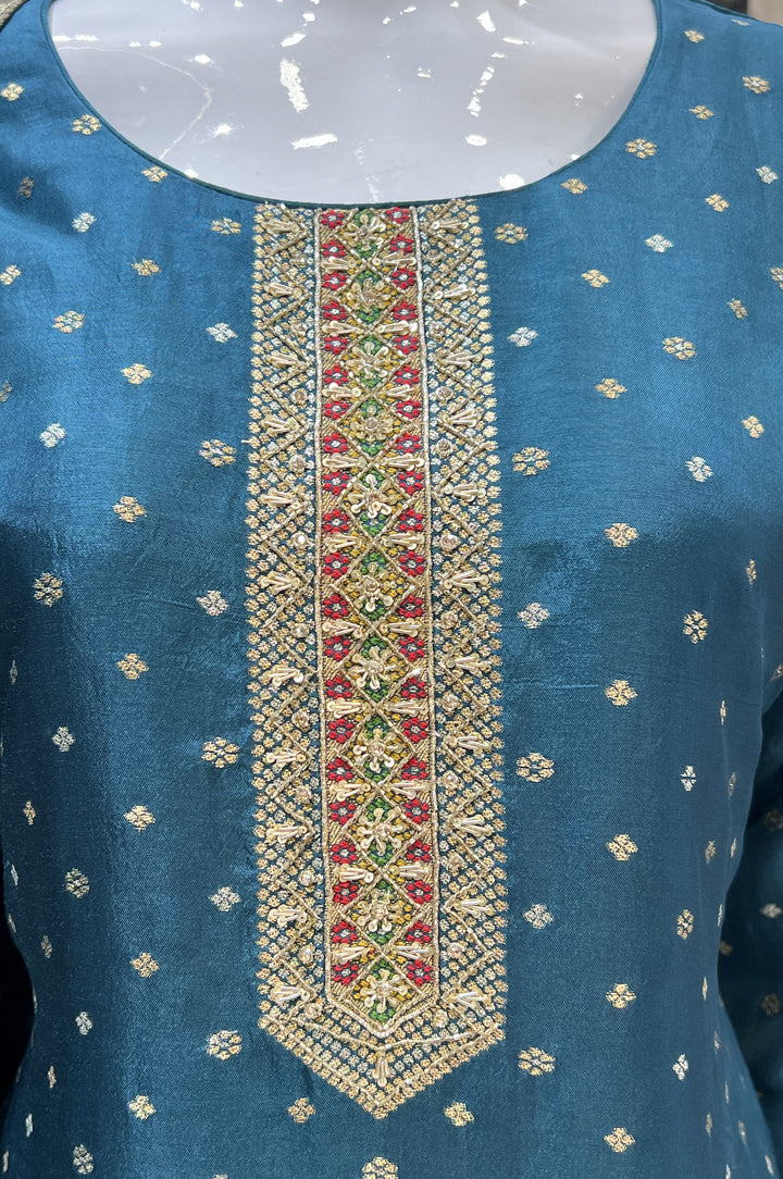 Peacock Blue Banaras, Beads, Zardozi and Sequins work Straight Cut Salwar Suit