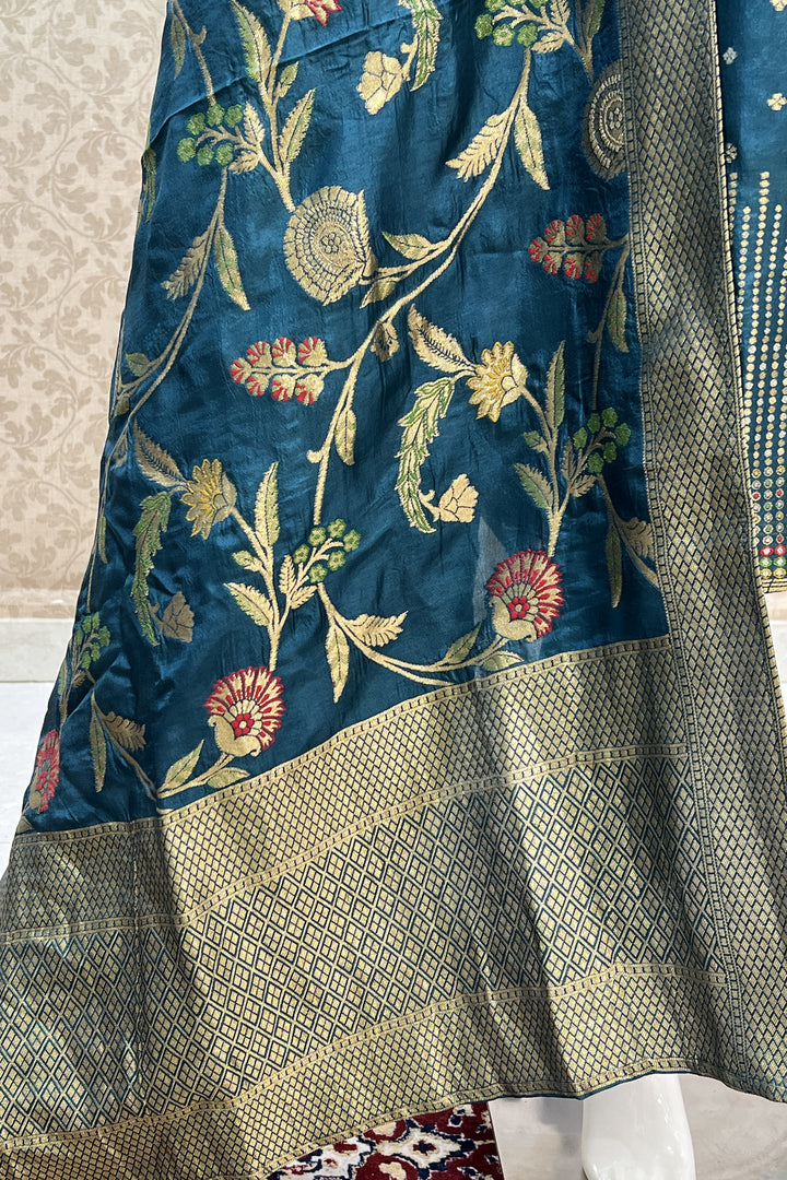 Peacock Blue Banaras, Beads, Zardozi and Sequins work Straight Cut Salwar Suit