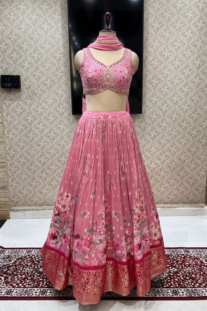 Rose Pink Mirror, Beads, Zari, Stone and Zardozi work with Digital Print Crop Top Lehenga