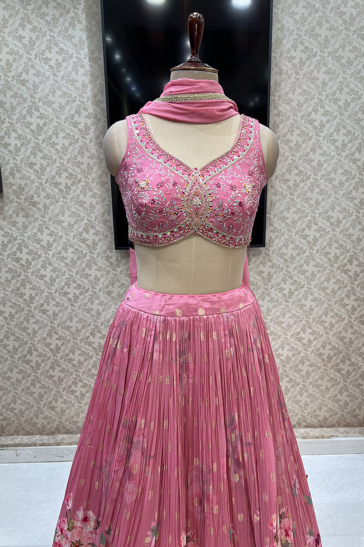 Rose Pink Mirror, Beads, Zari, Stone and Zardozi work with Digital Print Crop Top Lehenga