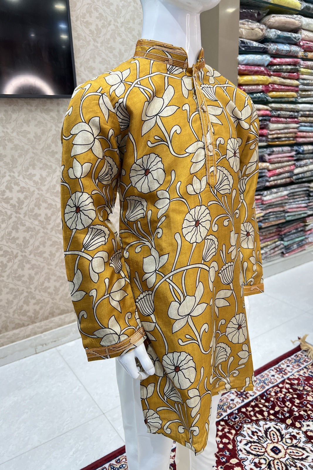 Mustard with Cream Digital Print Kurta Set for Boys