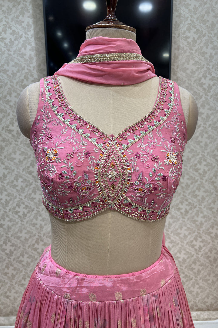 Rose Pink Mirror, Beads, Zari, Stone and Zardozi work with Digital Print Crop Top Lehenga