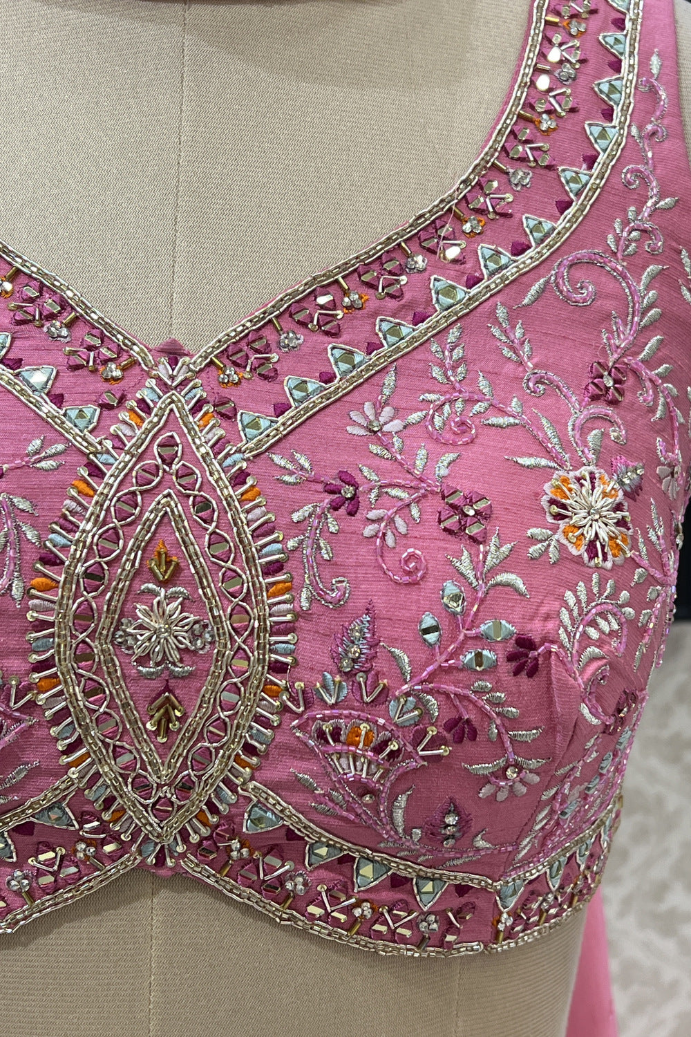 Rose Pink Mirror, Beads, Zari, Stone and Zardozi work with Digital Print Crop Top Lehenga