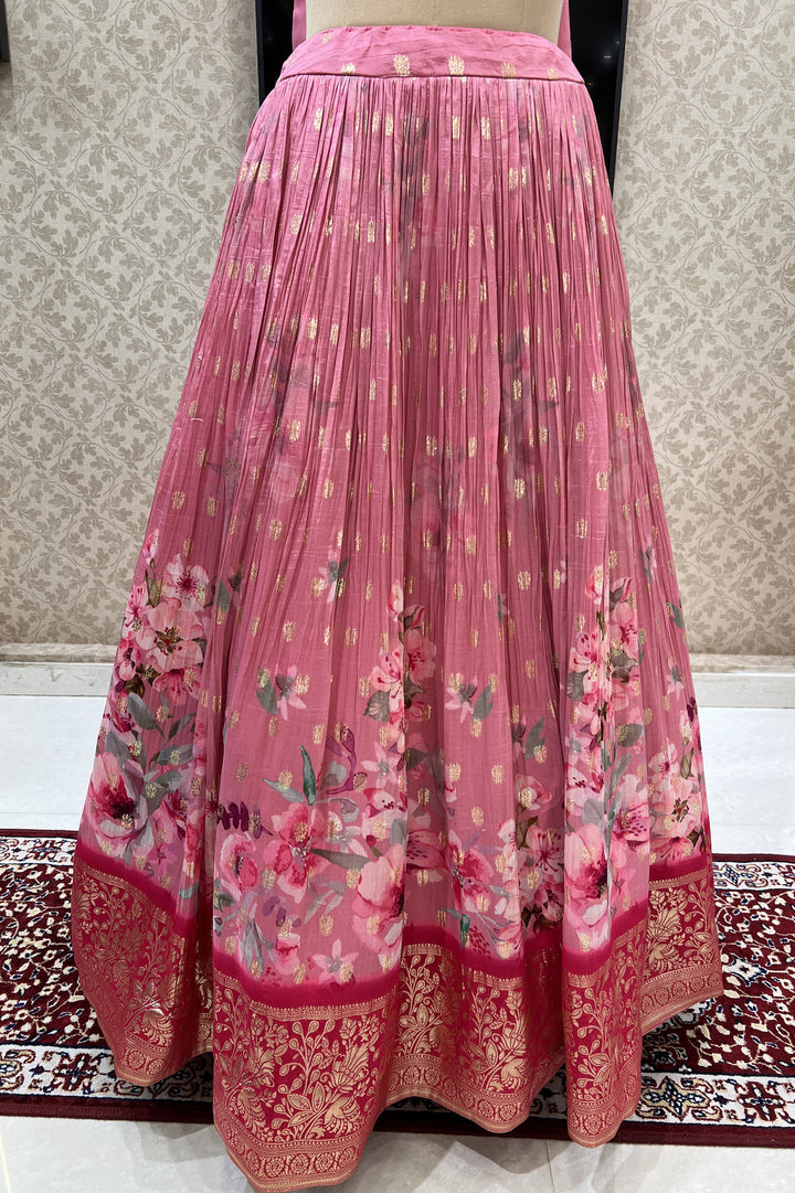 Rose Pink Mirror, Beads, Zari, Stone and Zardozi work with Digital Print Crop Top Lehenga