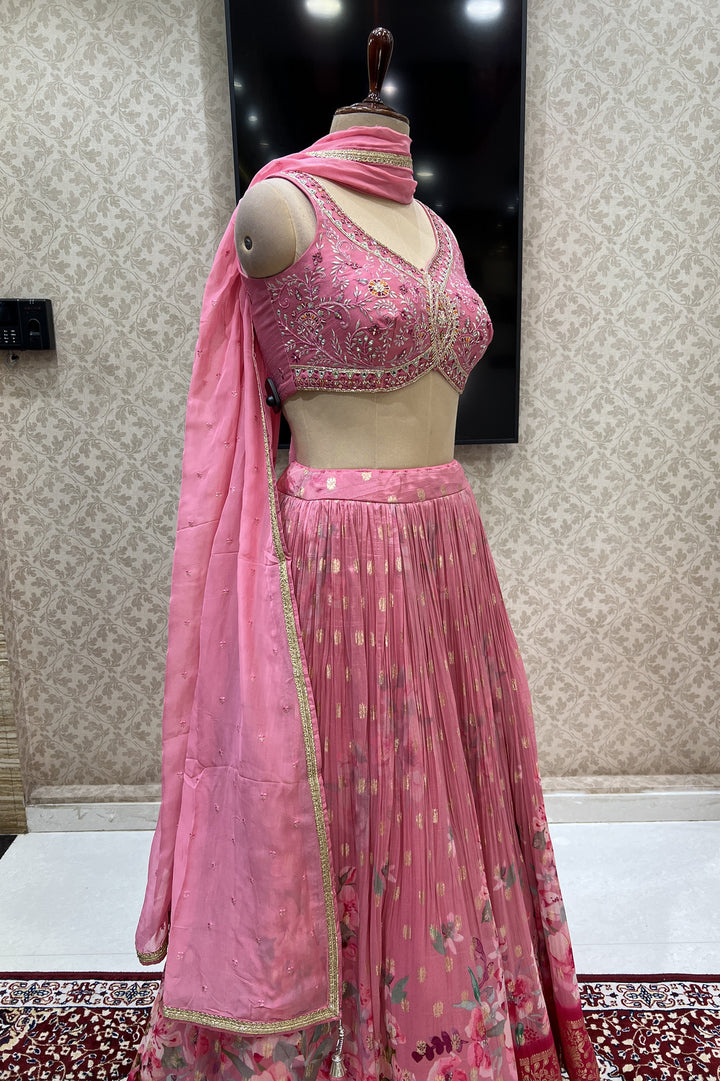 Rose Pink Mirror, Beads, Zari, Stone and Zardozi work with Digital Print Crop Top Lehenga