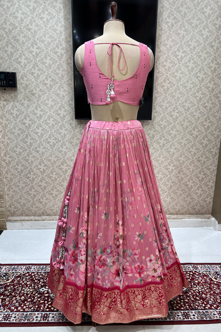 Rose Pink Mirror, Beads, Zari, Stone and Zardozi work with Digital Print Crop Top Lehenga