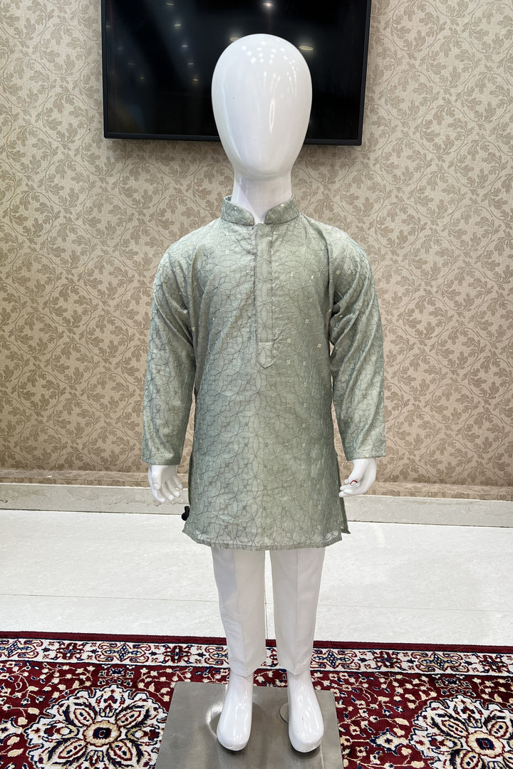 Pista Green with White Sequins and Thread work Kurta Set for Boys